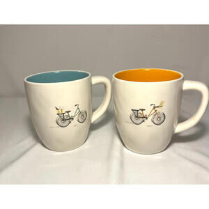 Rae Dunn Artisan Bicycle Mugs Set of 2 Magenta White Ceramic 12oz